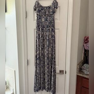 Rachel Pally Navy and White Floral Off the Shoulder Maxi Dress